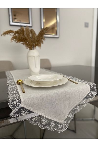 Parla Life Κρεμ Λινό Πάπια Ύφασμα Δαντέλα Runner 40x140 εκ