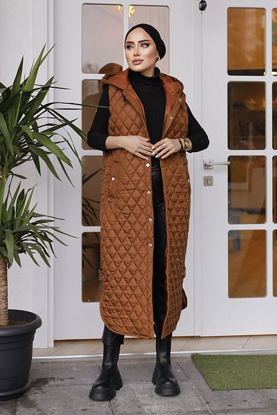 Minel Women's Tan Hooded Long Puffer Vest with Slit Detail