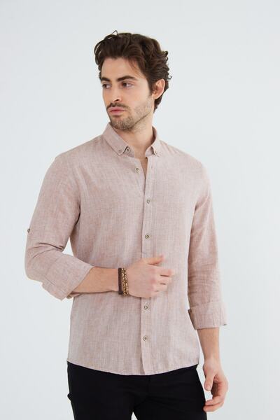 RAVANELLI Ανδρικό μακρυμάνικο πουκάμισο με κουμπιά από λινό γιακά Slimfit καφέ G574