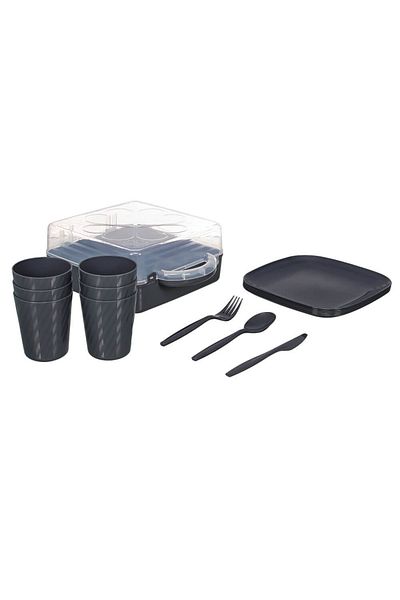Piev Urve 6-Person Camping Travel Picnic Set and Tea Cup Carrying Apparatus Container 2 in 1 Anthracite