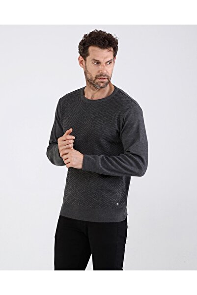 Çizgi Triko Чоловічий светр з круглим вирізом, сірий з візерунком, еластичний пояс, класичний крій