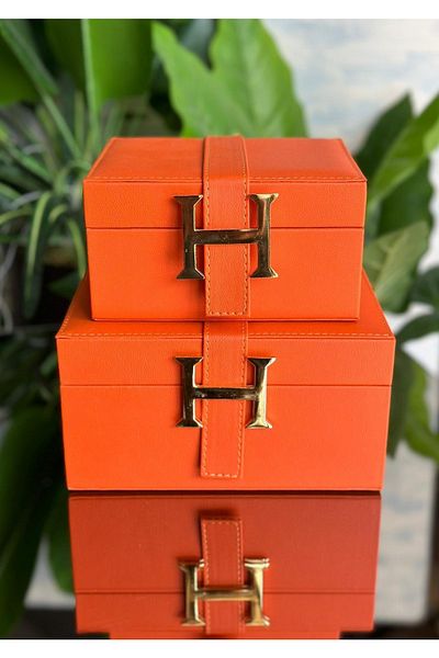 ArzzHome Decorative H Letter 2 Piece Leather Luxury Jewelry Box And Jewelry Box Orange
