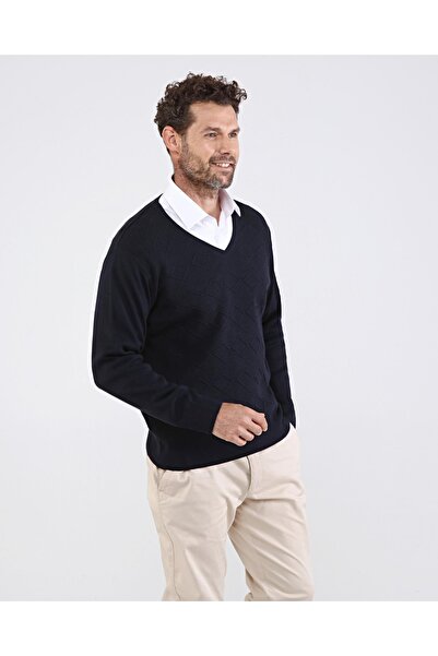 Çizgi Triko Чоловічий трикотажний светр з V-подібним вирізом, синій, з візерунком на рукавах і талії, еластична стрічка, класичний крій