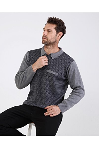 Çizgi Triko Чоловічий поло з коміром, сірий светр з візерунком, еластичні манжети та пояс, класичний крій