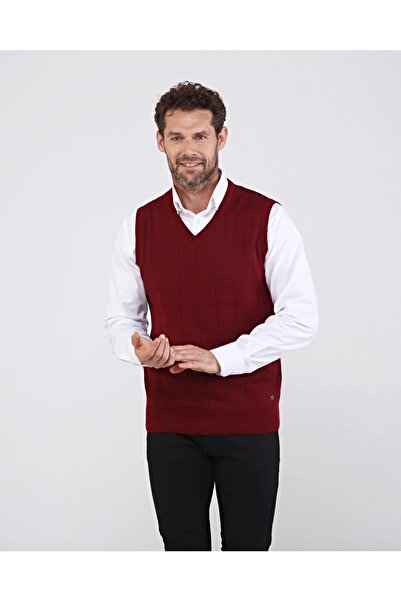 Çizgi Triko Erkek V Yaka Bordo Triko Süveter Desenli Renkli Kışlık Çelik Örgü...
