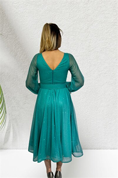 fevzuss Ice Blue Kemer Detay Midi Boy Abiye