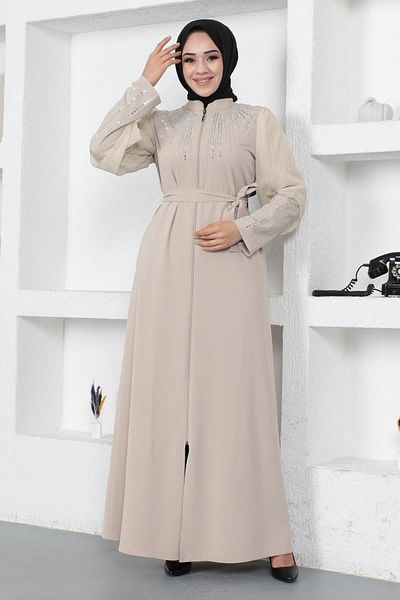 Modamihram Stone Pearl Sequined Abaya Beige 12245