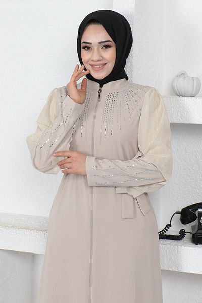 Modamihram Stone Pearl Sequined Abaya Beige 12245