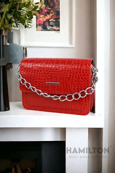 HAMILTON Original Women's Adjustable Cross Strap Leather Textured Chain Detailed Covered Stylish Shoulder Clutch Bag