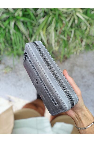 VİSSO 454 Hakiki Deri Fermuarlı Çok Para Bölmeli Elde Taşınabilen Kadın Erkek El Çantası