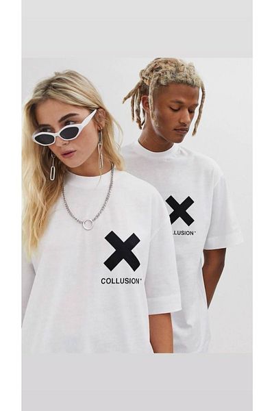 SELENA BUTİK Tricou alb oversize unisex X Collusion imprimat Pachet de 2 cadou combinat pentru îndrăgostiți