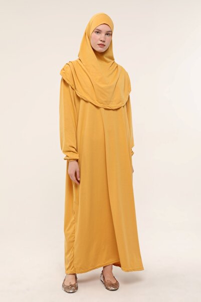 Sarşal Tek Parça Namaz Elbisesi Selimiye Sarısı | Boydan Giymeli Baş Örtülü