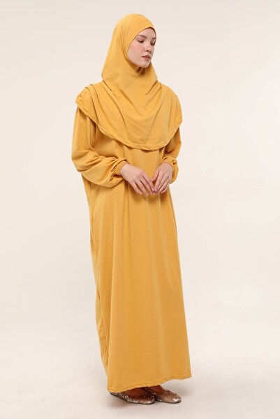 Sarşal Tek Parça Namaz Elbisesi Selimiye Sarısı | Boydan Giymeli Baş Örtülü