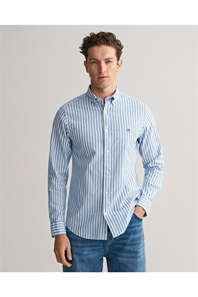 Gant Men's Blue Regular Fit Buttoned Collar Striped Linen Shirt