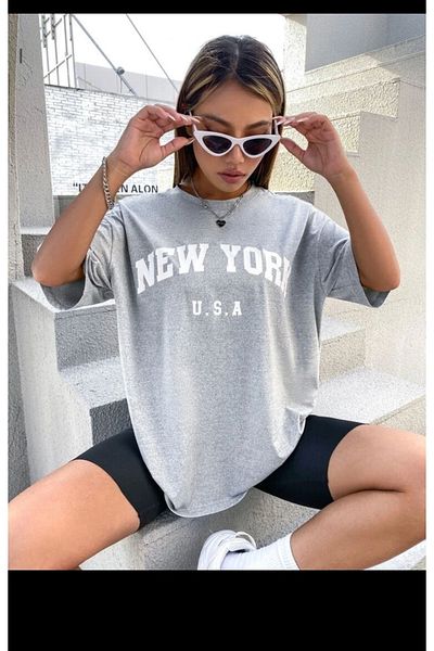 SELENA BUTİK Υπερμεγέθη Unisex New York Printed Grey T-shirt