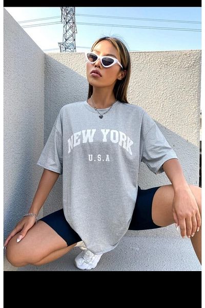 SELENA BUTİK Υπερμεγέθη Unisex New York Printed Grey T-shirt