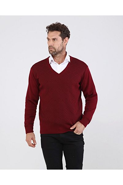 Çizgi Triko Ανδρικό πλεκτό με λαιμόκοψη V-λαιμόκοψη Claret κόκκινο πουλόβερ με μοτίβο μανίκι και μέση ελαστικό ατσάλι πλεκτό κλασικό καλούπι