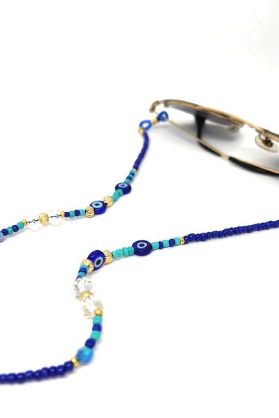 Elila Design Dark Blue Sand Beaded Glasses Strap with Evil Eye Beads