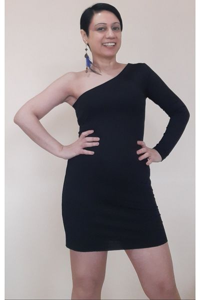 Mertcan Butik Black One-Shoulder Open Single-Sleeve Combed Cotton Viscose Mini Pencil Dress