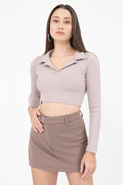 Soyo Γυναικεία Μπεζ γιακά Πόλο Πλεκτή Μπλούζα Crop