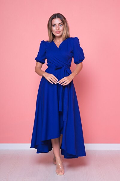 Bidoluelbise Kadın Asimetrik Kesim Sax Mavi Önü Kısa Arkası Uzun Kruvaze Yaka Elbise