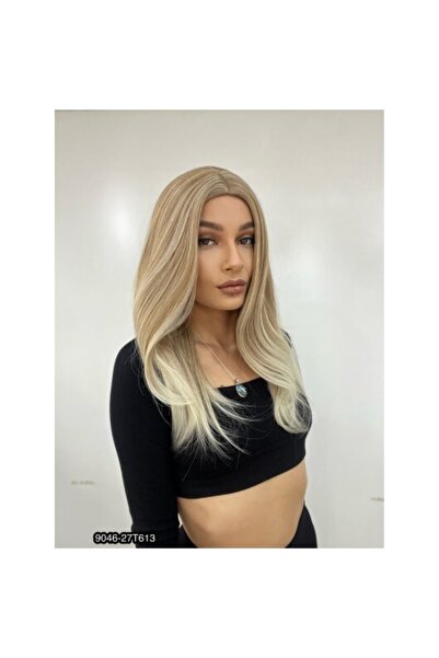 Suzan Peruk Kahkülsüz Fiber Sentetik Orta Boy Düz Peruk - Karamel / Platin Rö...