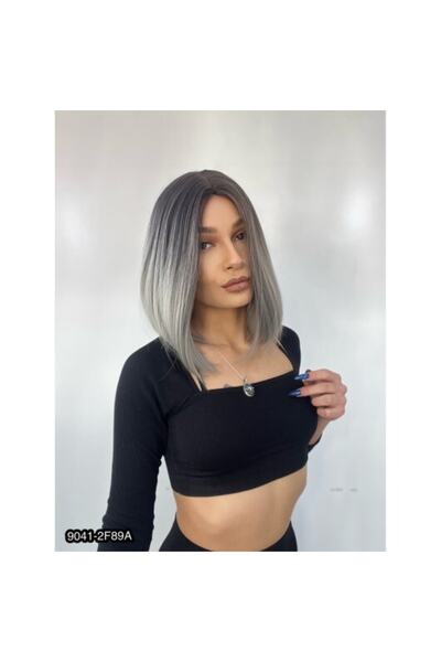 Suzan Peruk Kahkülsüz Düz Kısa Fiber Sentetik Peruk - Siyah / Gri Ombreli