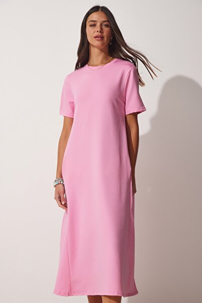 Happiness İstanbul Rosafarbenes A-Linien-Sommerkleid aus gekämmter Baumwolle für Damen UB00060