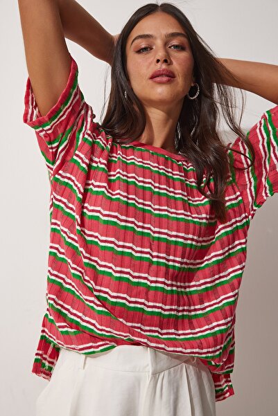 Happiness İstanbul Női sötét rózsaszín csíkos áttört kötöttáru blúz UB00054