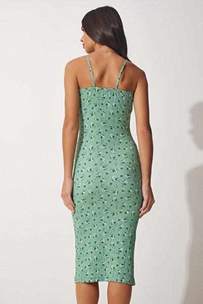 Happiness İstanbul Női zöld virágos, virágos, összegyűjtött galléros nyári kötött ruha FF00124