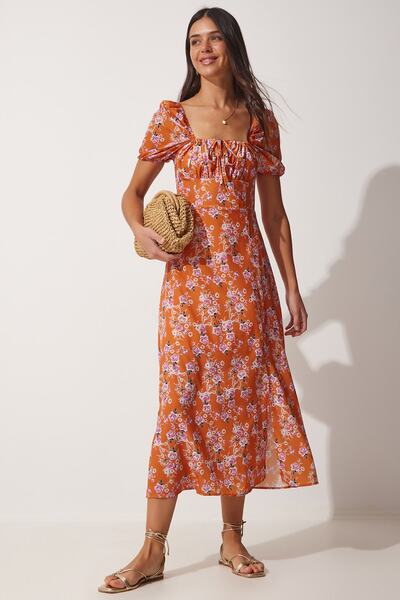 Happiness İstanbul Rochie de vară de damă portocalie cu guler adunat cu suprafață de satin floral FF00125