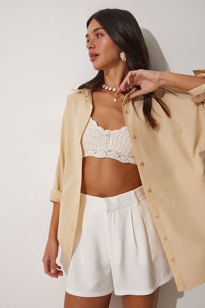 Happiness İstanbul Damska koszula latte oversize, długa basic DD00842