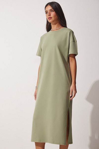Happiness İstanbul Damen-Khaki-Baumwoll-Sommerkleid aus gekämmter Baumwolle UB00080