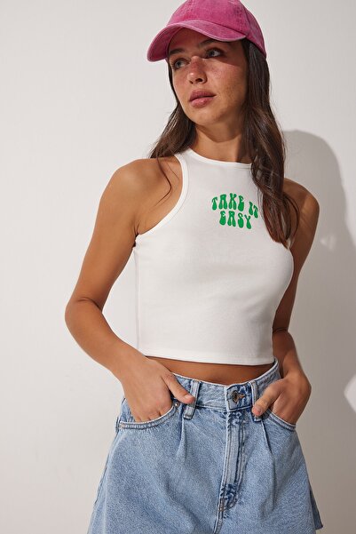 Happiness İstanbul Women's White Printed Halter Neck Ribbed Knitted Blouse UB...