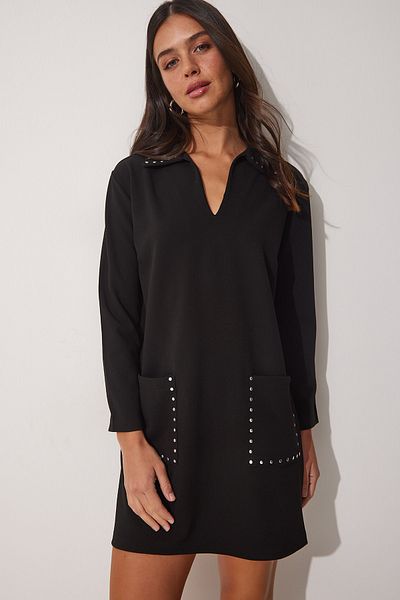 Happiness İstanbul Women's Black Embroidered Stone Detailed Pocket Knitted Dress FU00006