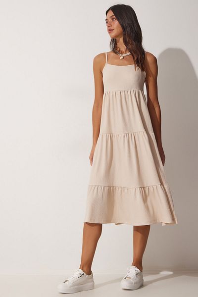 Happiness İstanbul Cremefarbenes Damen-Sommerstrickkleid mit Volants und Trägern UB00077