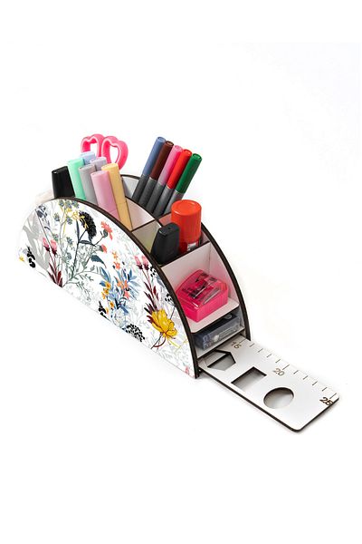 kutuTR Wooden Vip Flower Series Rainbow Ruled Desktop Pen Holder Organizer Assembled Boxed