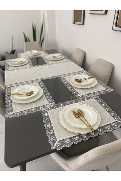 Parla Life Σετ αμερικάνικου σερβιρίσματος Duck Linen Lace Motif Runner