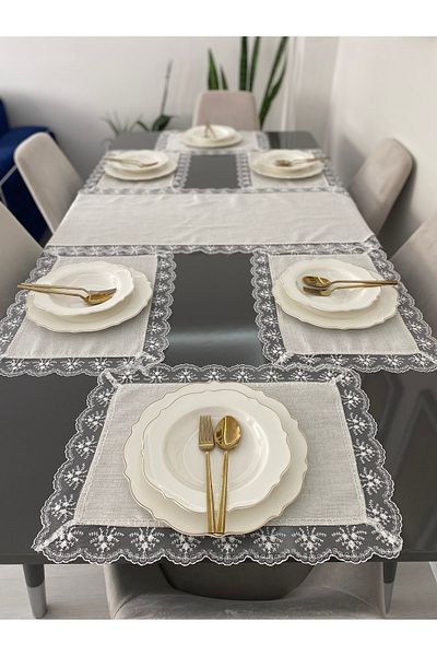 Parla Life Σετ αμερικάνικου σερβιρίσματος Duck Linen Lace Motif Runner