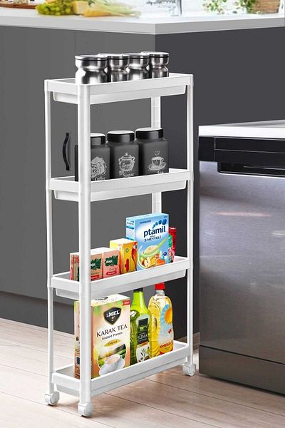 LIUWA Rectangular 4-Tier Shelving Unit with Wheels White Bathroom Kitchen Organizer Organizer Shelf