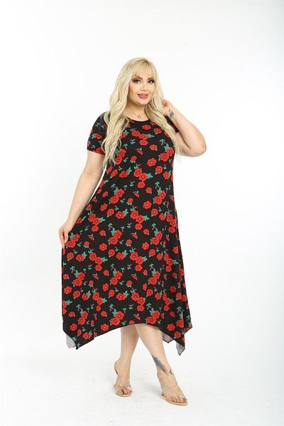mami butik Plus Size Asymmetrical Skirt Short Sleeve Viscose Combed Cotton Stylish Comfortable Summer Dress