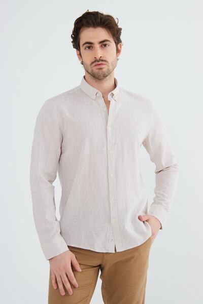 RAVANELLI Μπεζ Slimfit λινό γιακά με κουμπιά μακρυμάνικο ανδρικό πουκάμισο G574