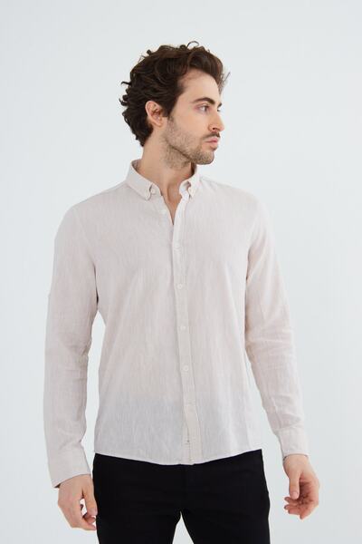 RAVANELLI Μπεζ Slimfit λινό γιακά με κουμπιά μακρυμάνικο ανδρικό πουκάμισο G574