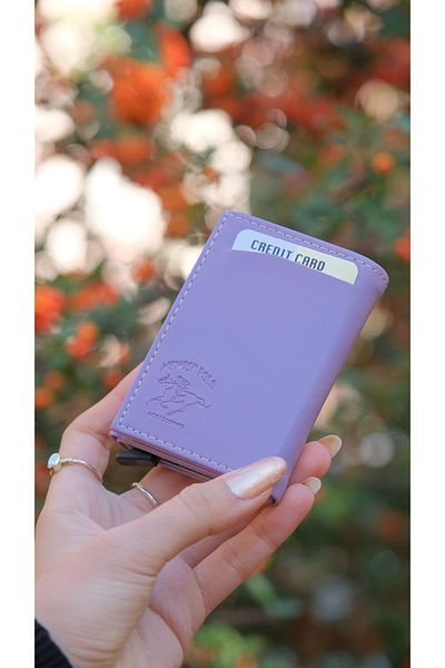 NEWISH POLO ACCESSORIES Unisex Lilac Faux Leather Mechanism Card Holder Wallet Portfolio