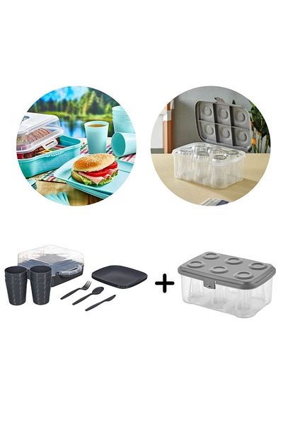 Piev Urve 6-Person Camping Travel Picnic Set and Tea Cup Carrying Apparatus Container 2 in 1 Anthracite