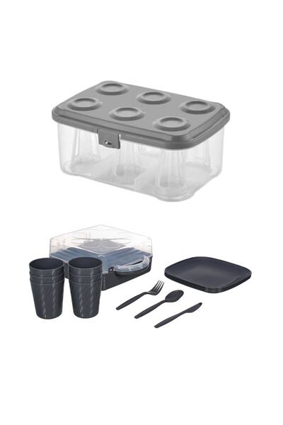 Piev Urve 6-Person Camping Travel Picnic Set and Tea Cup Carrying Apparatus Container 2 in 1 Anthracite