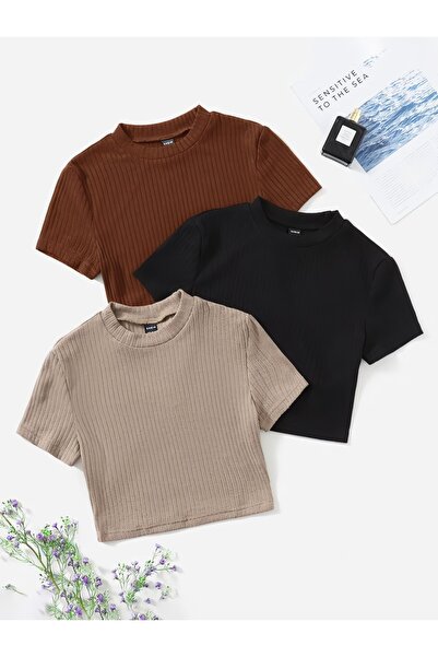 ÖZ PAMUK Γυναικεία μπλούζα με μαύρη ριμπ λαιμόκοψη 3 τεμαχίων Crop