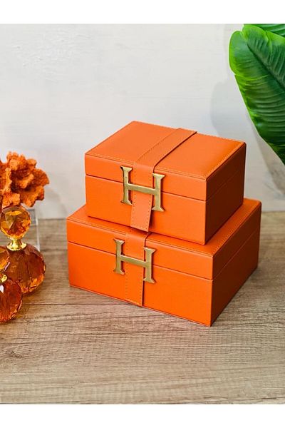 ArzzHome Decorative H Letter 2 Piece Leather Luxury Jewelry Box And Jewelry Box Orange