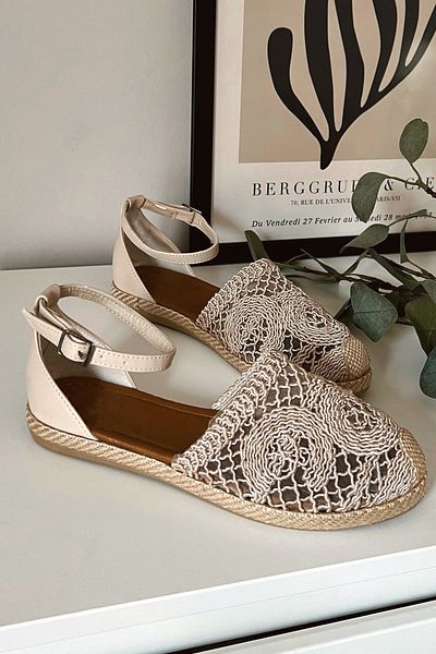 POLKA STORE Espadrille Luce de damă, piele nudă, bej, ecru, iuta, talpă, paie, cu dantelă
