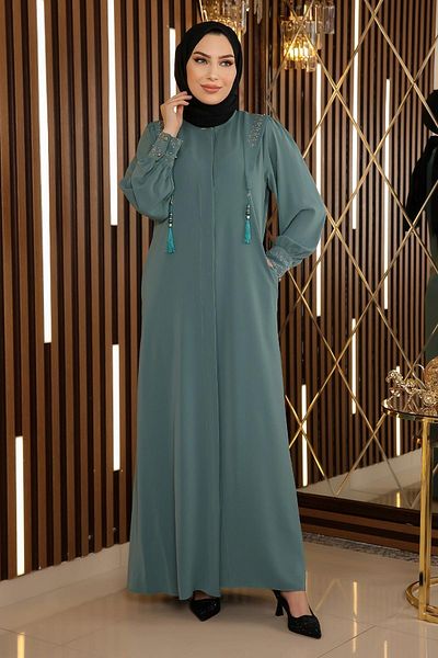 Modamihram Hidden Button Tasseled Abaya Mint 12254